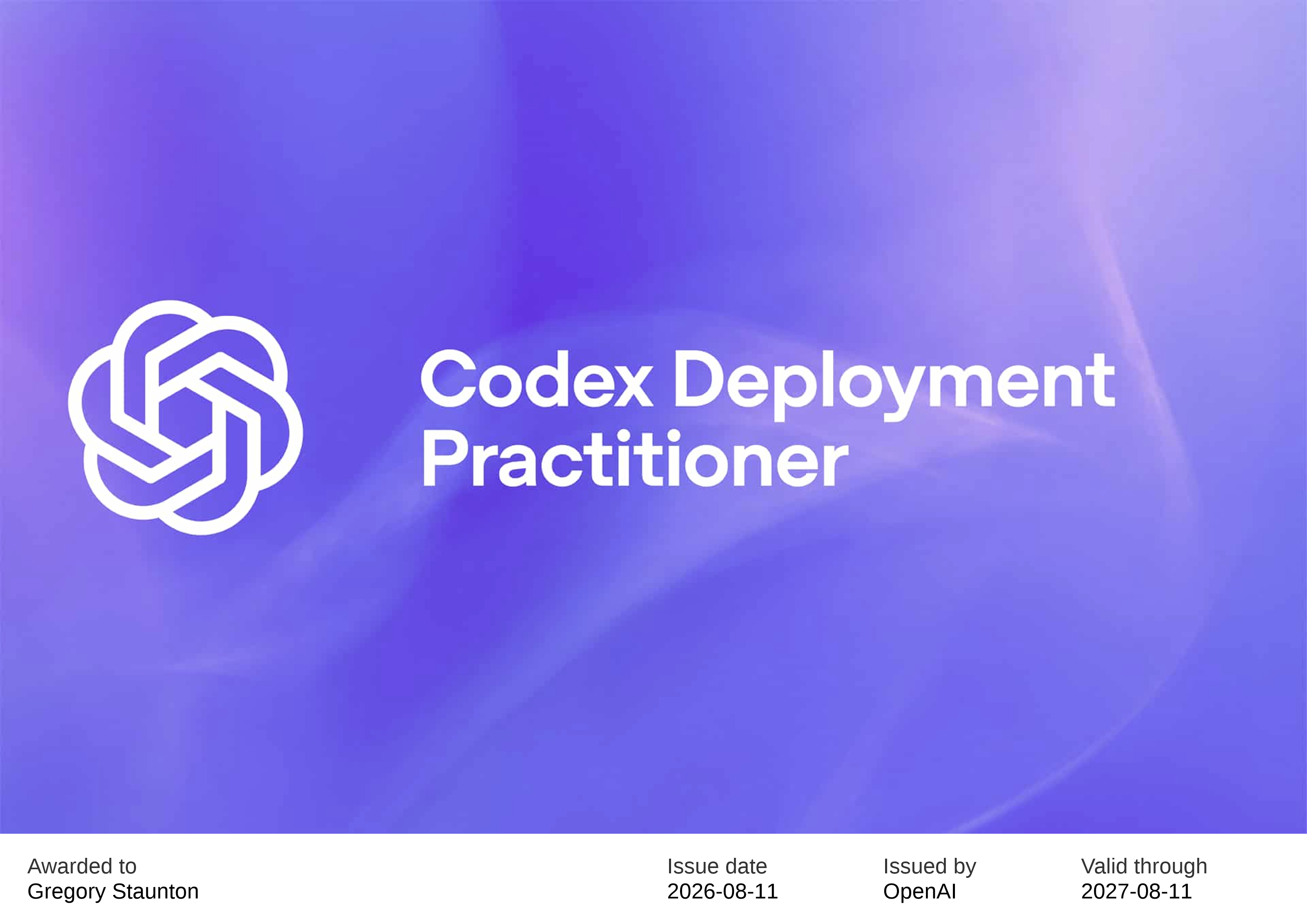 Codex Deployment Practitioner certificate issued to Gregory Staunton