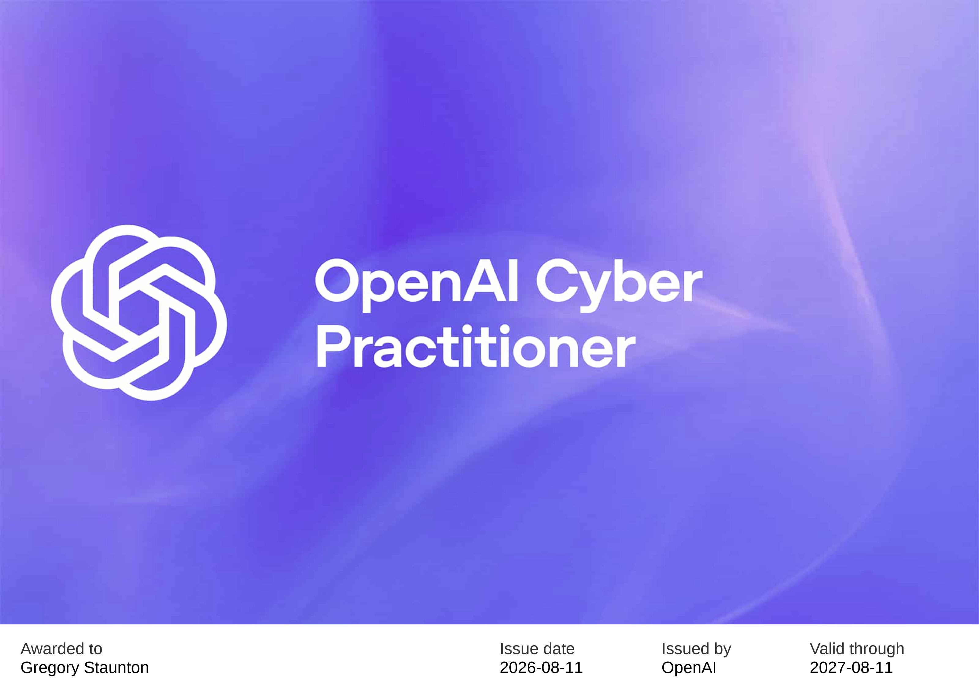 OpenAI Cyber Practitioner certificate issued to Gregory Staunton