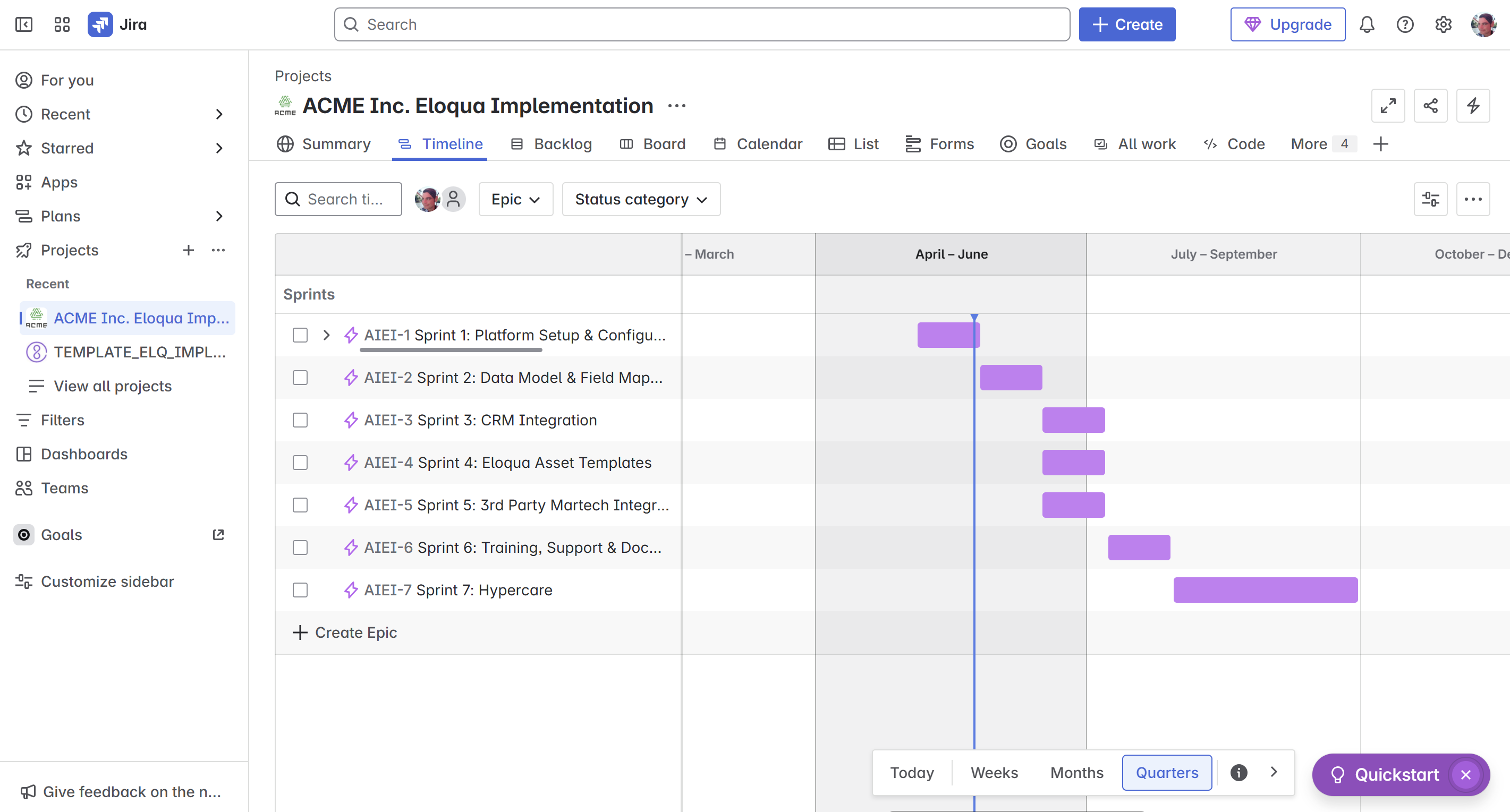 A stylised sprint timeline showing overlapping tasks like campaign builds, CRM sync, and training module - with a “Go Live” milestone at the end.